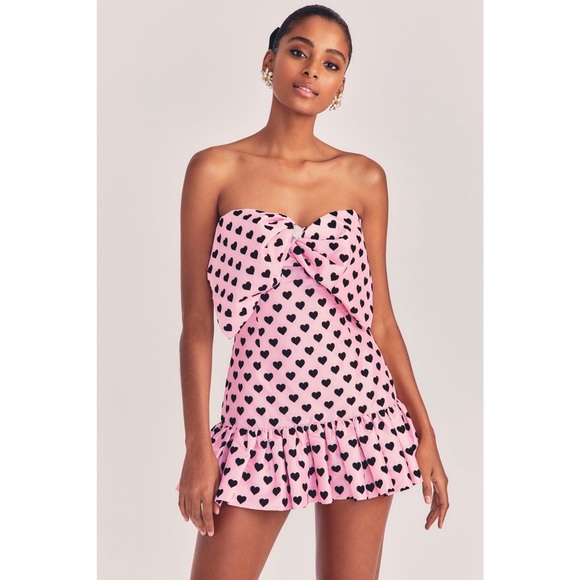 LoveShackFancy Dresses & Skirts - LoveShackFancy Tilson Bow Front Mini Dress in Pink Black Velvet Heart Pattern